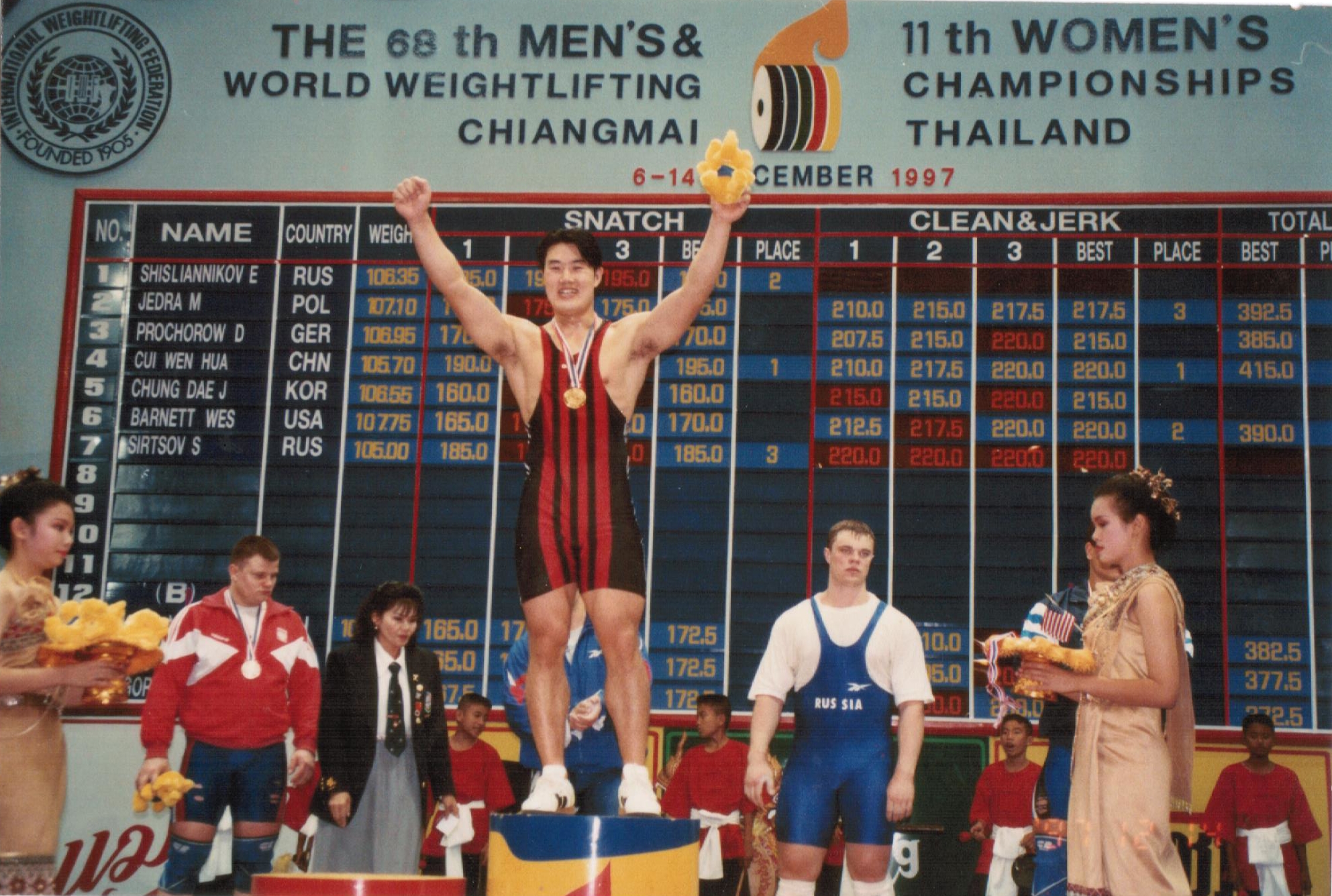 1997年12月，在泰国清迈第68届举重世锦赛的冠军领奖台上。.jpg